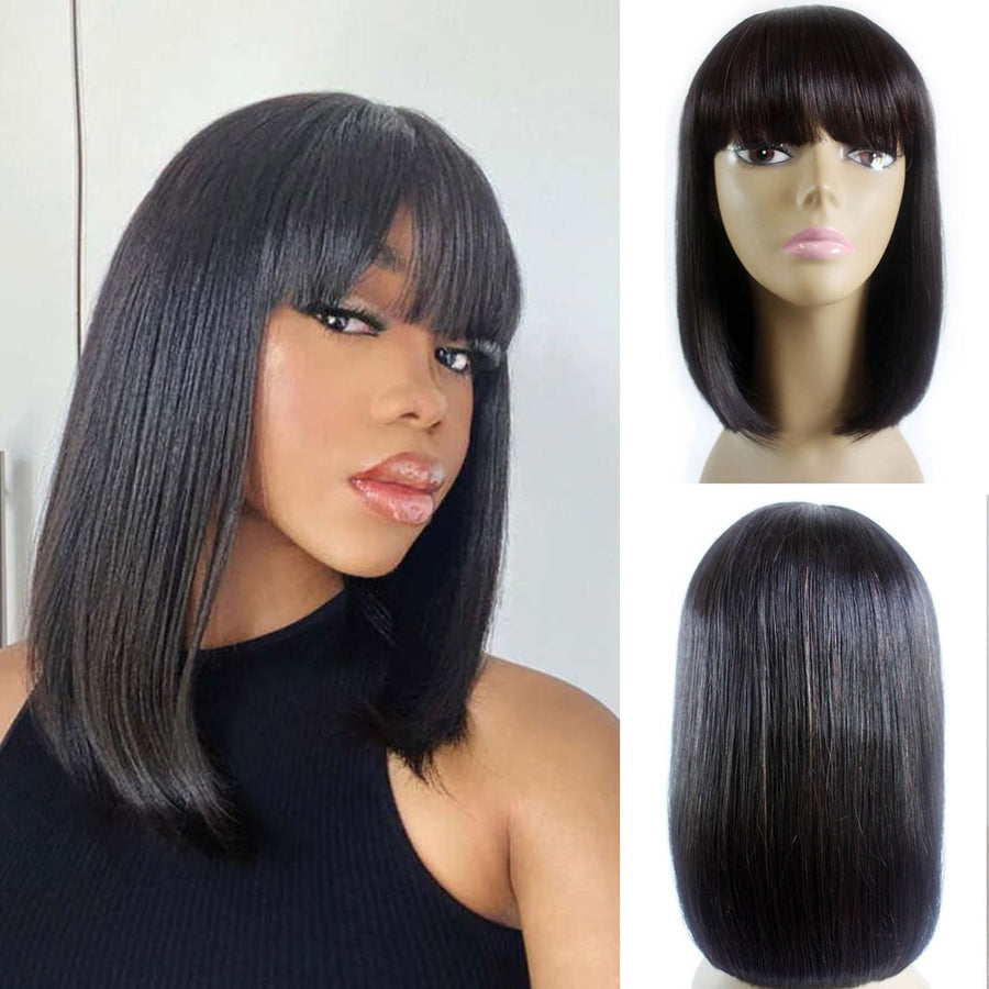 ManeMajesty 14 Inch Straight Lace Front Bob With Bangs Glueless Human Hair Wig - FT-1280M - B0CC529HLF