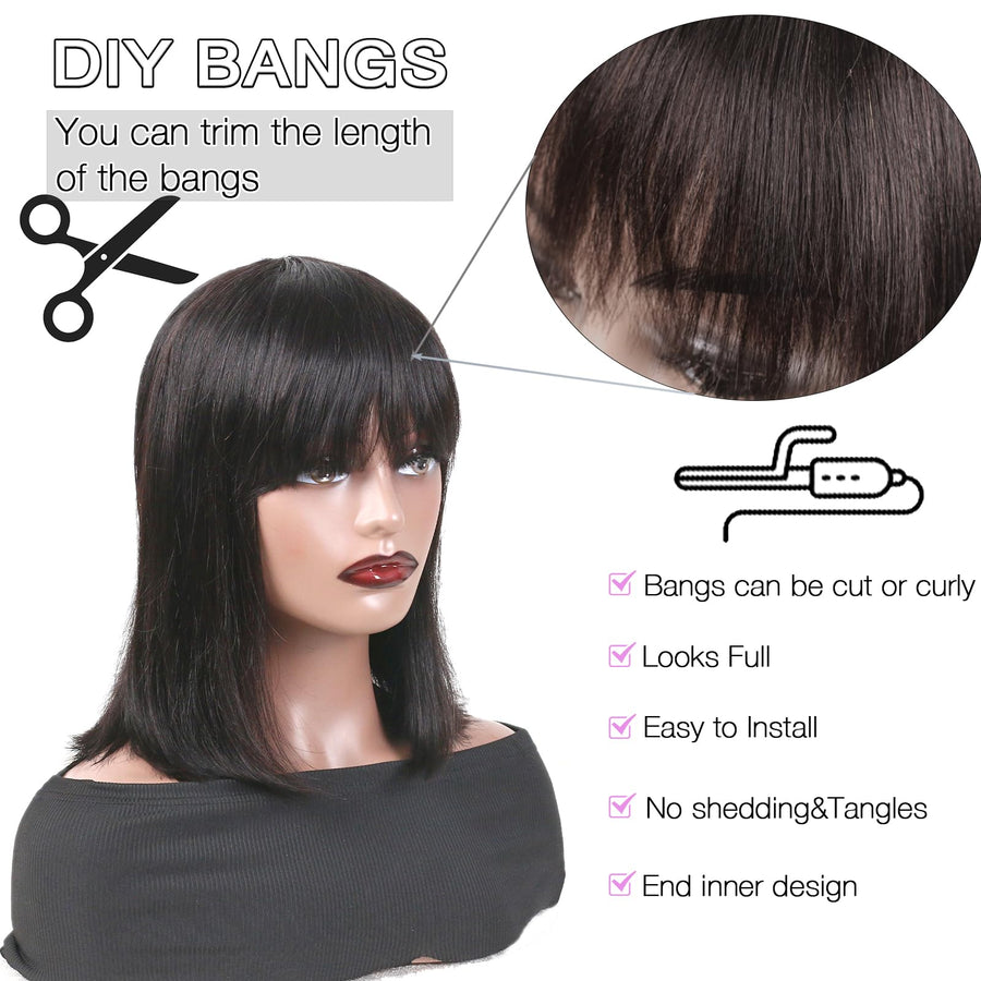 ManeMajesty 14 Inch Straight Lace Front Bob With Bangs Glueless Human Hair Wig - FT-1280M - B0CC529HLF
