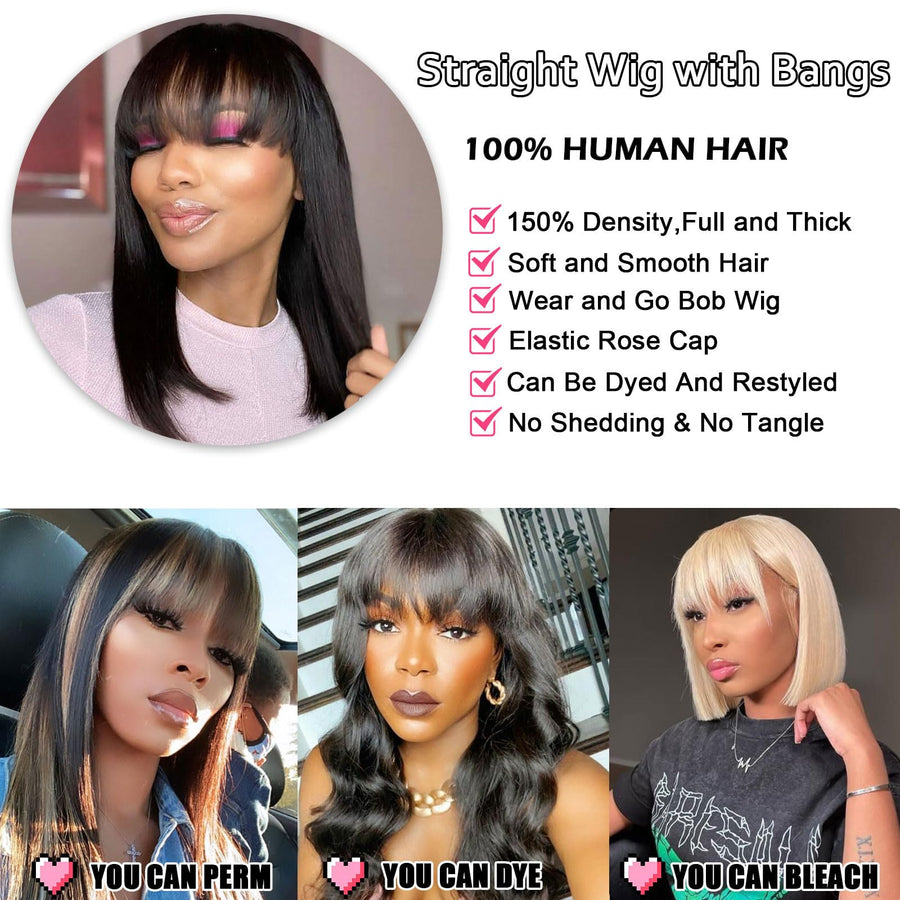 ManeMajesty 14 Inch Straight Lace Front Bob With Bangs Glueless Human Hair Wig - FT-1280M - B0CC529HLF