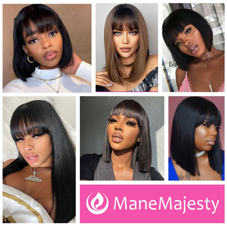ManeMajesty 14 Inch Straight Lace Front Bob With Bangs Glueless Human Hair Wig - FT-1280M - B0CC529HLF