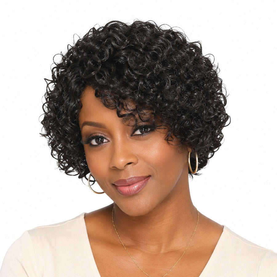 ManeMajesty 8 Inch Jerry Curly Lace Front Bob With Bangs Pixie Cut Glueless Wear and Go Human Hair Wig - FT-1800 - B0CC54FKHH