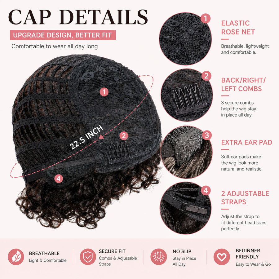 ManeMajesty 8 Inch Jerry Curly Lace Front Bob With Bangs Pixie Cut Glueless Wear and Go Human Hair Wig - FT-1800 - B0CC54FKHH