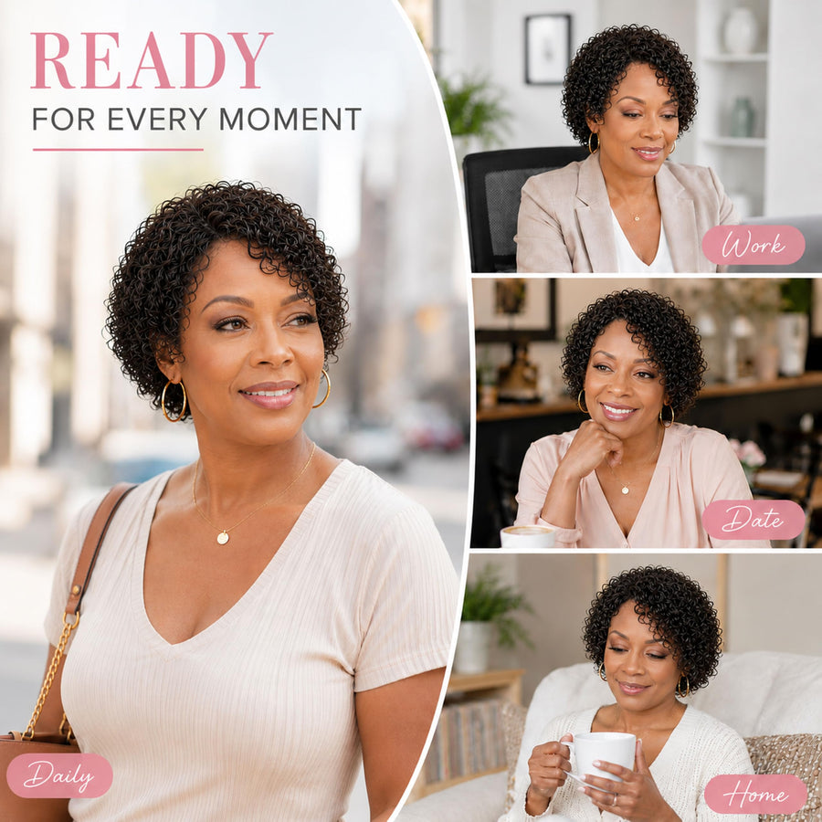 ManeMajesty 8 Inch Jerry Curly Lace Front Bob With Bangs Pixie Cut Glueless Wear and Go Human Hair Wig - FT-1800 - B0CC54FKHH