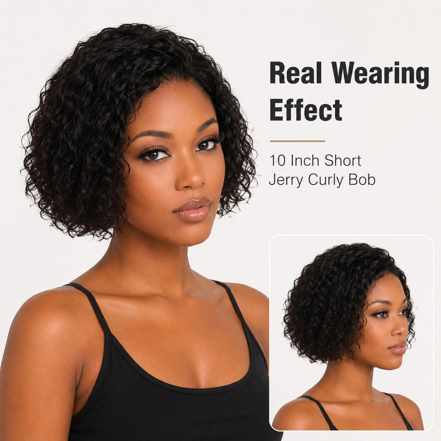ManeMajesty 10 Inch Curly Non-Lace Bob Glueless Wear and Go Human Hair Wig - FT-1335 - B0CC55D7J8