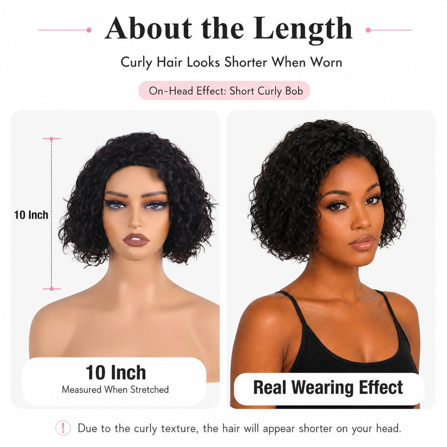 ManeMajesty 10 Inch Curly Non-Lace Bob Glueless Wear and Go Human Hair Wig - FT-1335 - B0CC55D7J8