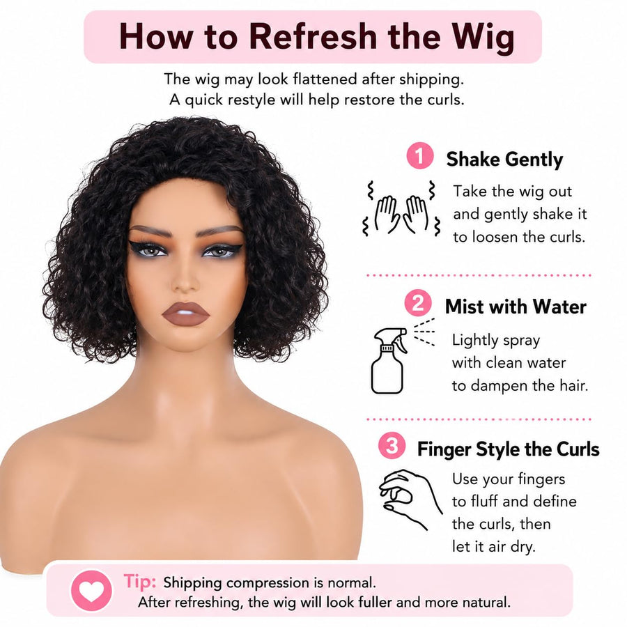 ManeMajesty 10 Inch Curly Non-Lace Bob Glueless Wear and Go Human Hair Wig - FT-1335 - B0CC55D7J8