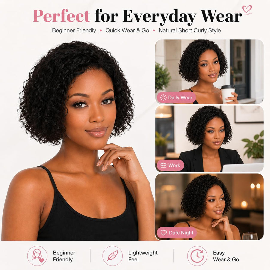 ManeMajesty 10 Inch Curly Non-Lace Bob Glueless Wear and Go Human Hair Wig - FT-1335 - B0CC55D7J8