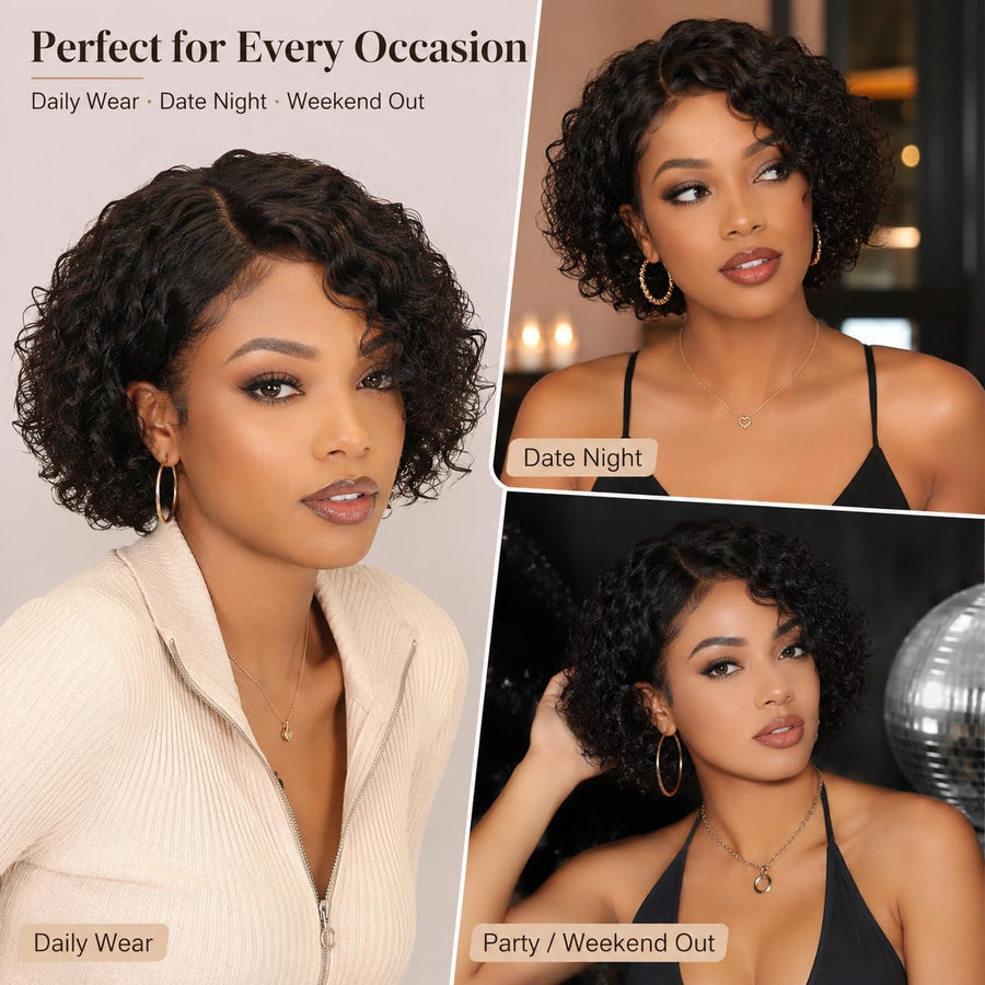 ManeMajesty Curly Lace Front Bob Glueless Wear and Go Human Hair Wig - FT-2083A-S - B0CKSBD775