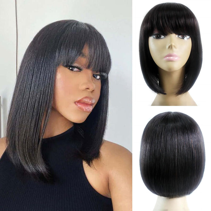 ManeMajesty 12 Inch Straight Lace Front Bob With Bangs Glueless Human Hair Wig - FT-1580M - B0CKSFS9WG