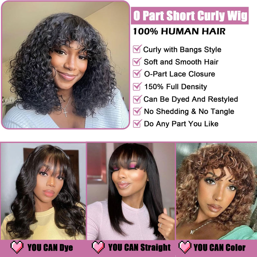 ManeMajesty Curly 3x1 HD Lace Bob With Bangs Glueless Wear and Go Human Hair Wig - FT-2510 - B0CLDJLW81