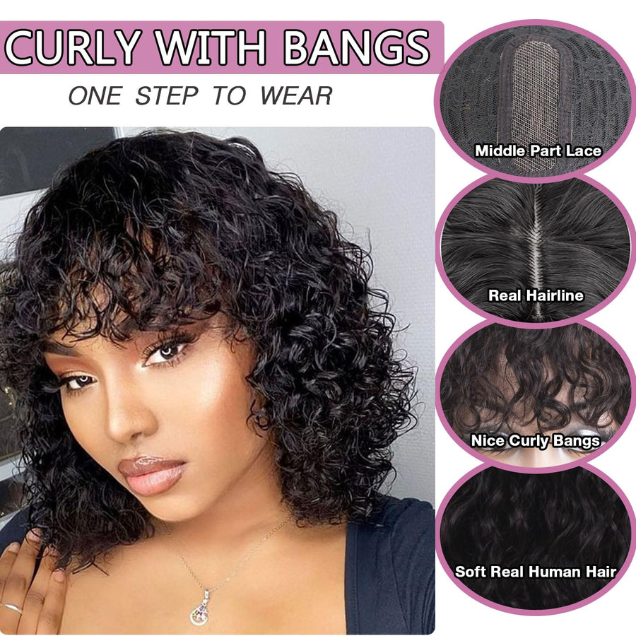 ManeMajesty Curly 3x1 HD Lace Bob With Bangs Glueless Wear and Go Human Hair Wig - FT-2510 - B0CLDJLW81