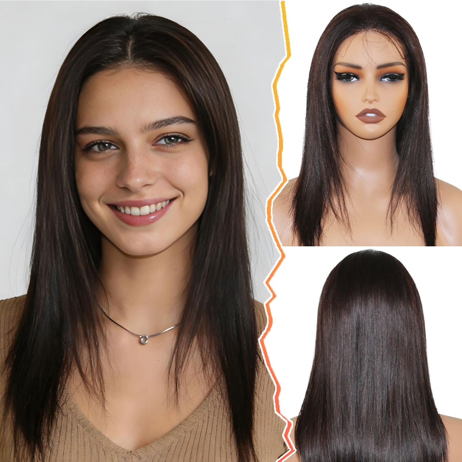 ManeMajesty 16 Inch Straight 13x6 Lace Front Glueless Wear and Go Human Hair Wig - FT-2076C-1 - B0CLJBF3YC