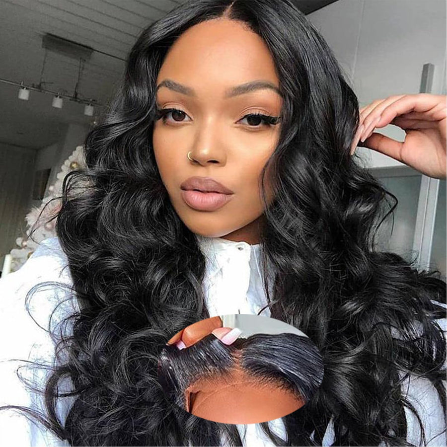 ManeMajesty Body Wave T Part Lace Front Glueless Wear and Go Human Hair Wig - FT-2213B-#Natural Black - B0CMWM3DF3