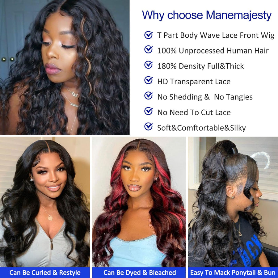 ManeMajesty Body Wave T Part Lace Front Glueless Wear and Go Human Hair Wig - FT-2213-FS1B/30 - B0CMWN9BN7