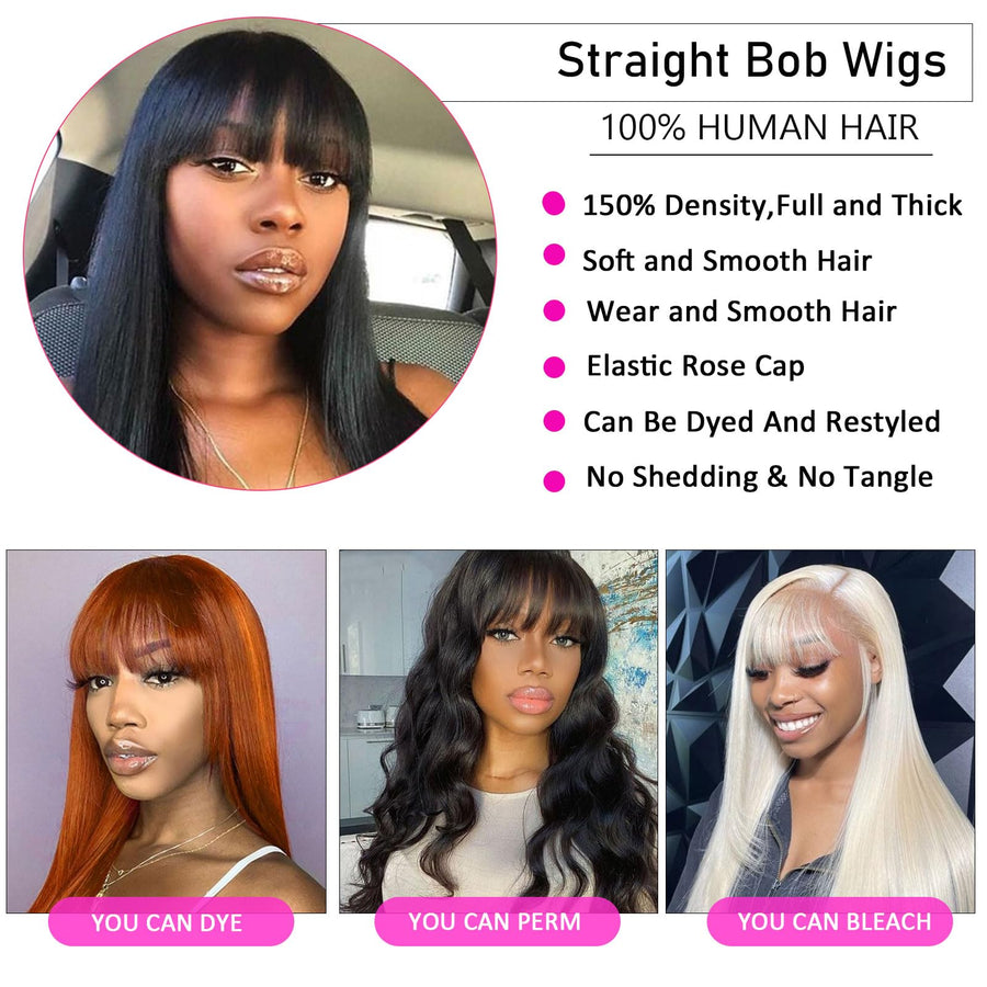 ManeMajesty 15 Inch Yaki Straight Lace Front Bob With Bangs Glueless Human Hair Wig - FT-2167M NATURAL BK - B0CXSJ58R8