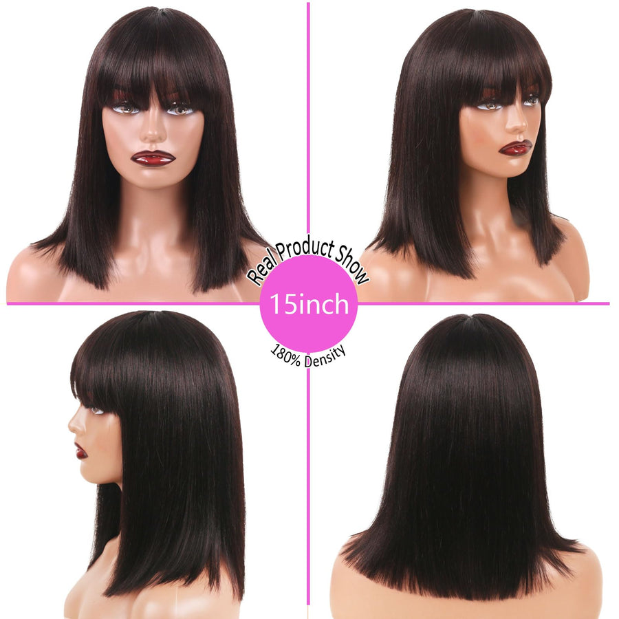ManeMajesty 15 Inch Yaki Straight Lace Front Bob With Bangs Glueless Human Hair Wig - FT-2167M NATURAL BK - B0CXSJ58R8