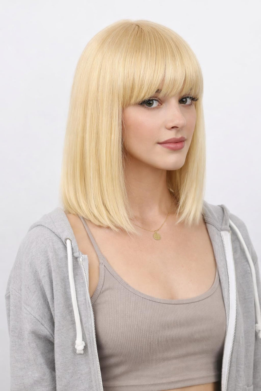 ManeMajesty 15 Inch Yaki Straight Lace Front Bob With Bangs Glueless Human Hair Wig - FT-2167M 613 - B0CXSLLBF3