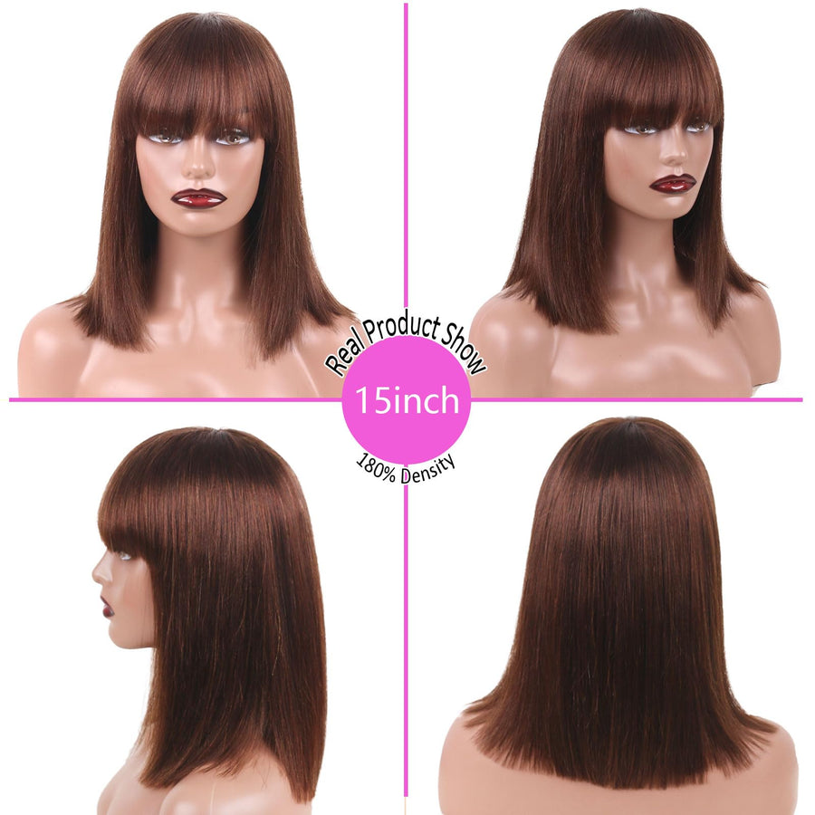 ManeMajesty 15 Inch Yaki Straight Lace Front Bob With Bangs Glueless Human Hair Wig - FT-2167M NATURAL BR - B0CXSLN8J7