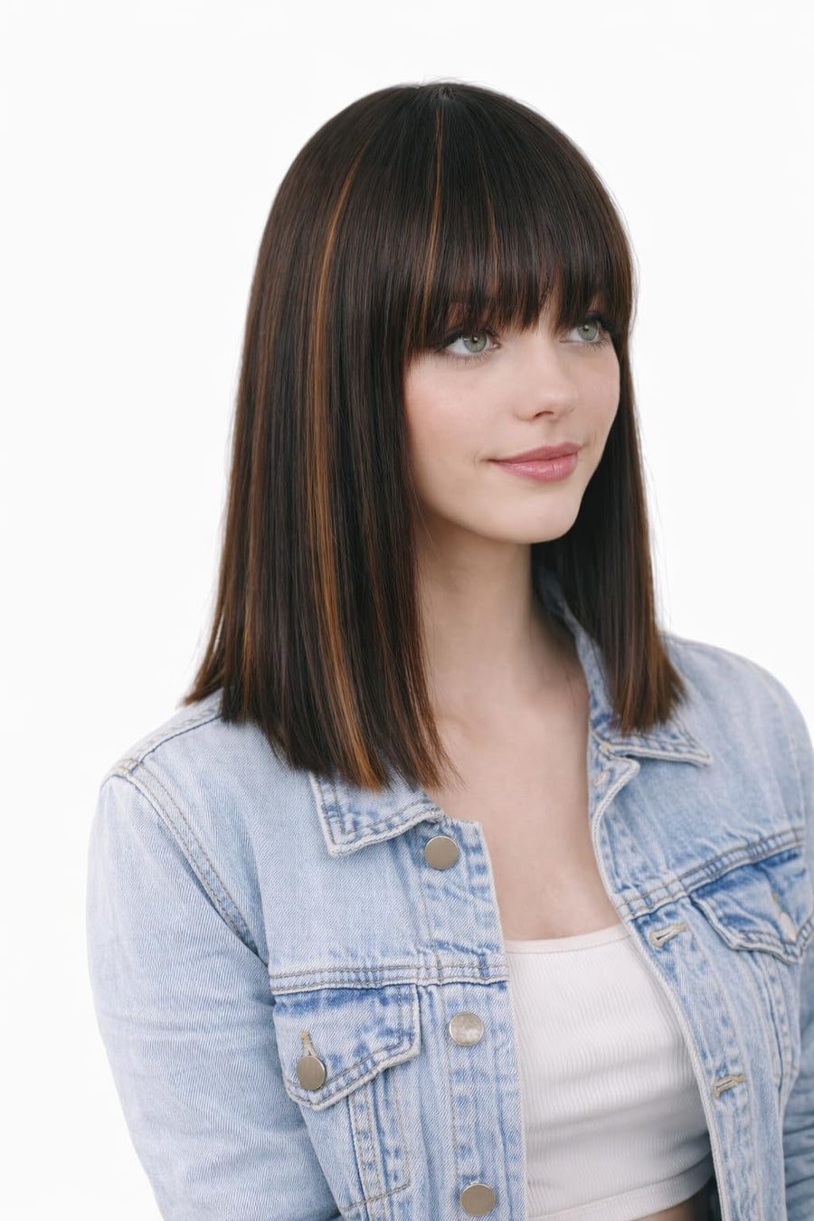ManeMajesty 15 Inch Yaki Straight Lace Front Bob With Bangs Glueless Human Hair Wig - FT-2167M FS1B/30 - B0CXSNFT5Z