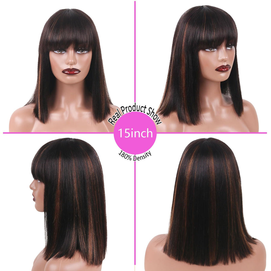 ManeMajesty 15 Inch Yaki Straight Lace Front Bob With Bangs Glueless Human Hair Wig - FT-2167M FS1B/30 - B0CXSNFT5Z