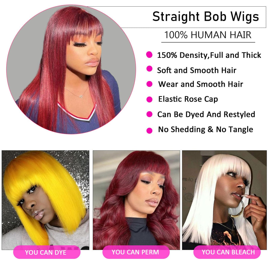 ManeMajesty 14 Inch Straight Lace Front Bob With Bangs Glueless Human Hair Wig - FT-1280M 99J - B0CYBFYWST