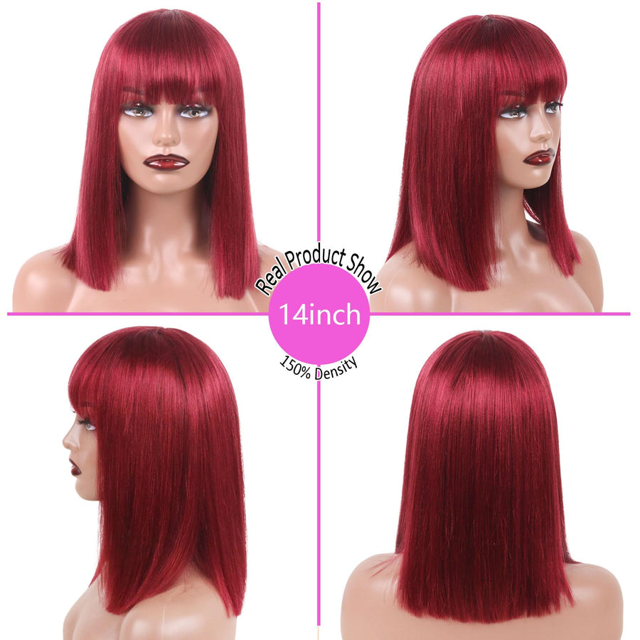 ManeMajesty 14 Inch Straight Lace Front Bob With Bangs Glueless Human Hair Wig - FT-1280M 99J - B0CYBFYWST