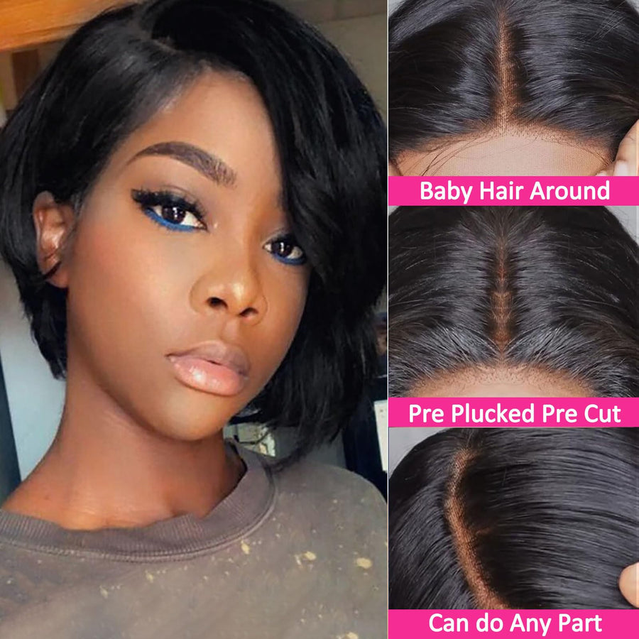 ManeMajesty 6 Inch Straight 13x5 Lace Front Bob Pixie Cut Glueless Human Hair Wig - FT- 2114 - B0D87BHJV8