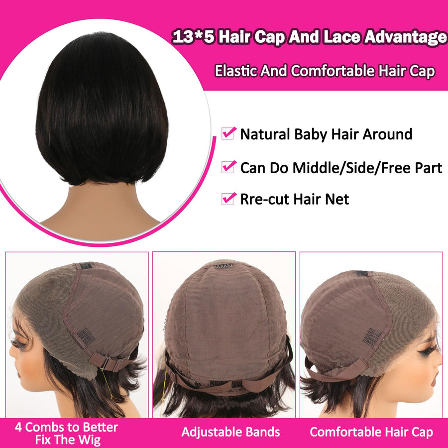ManeMajesty 6 Inch Straight 13x5 Lace Front Bob Pixie Cut Glueless Human Hair Wig - FT- 2114 - B0D87BHJV8