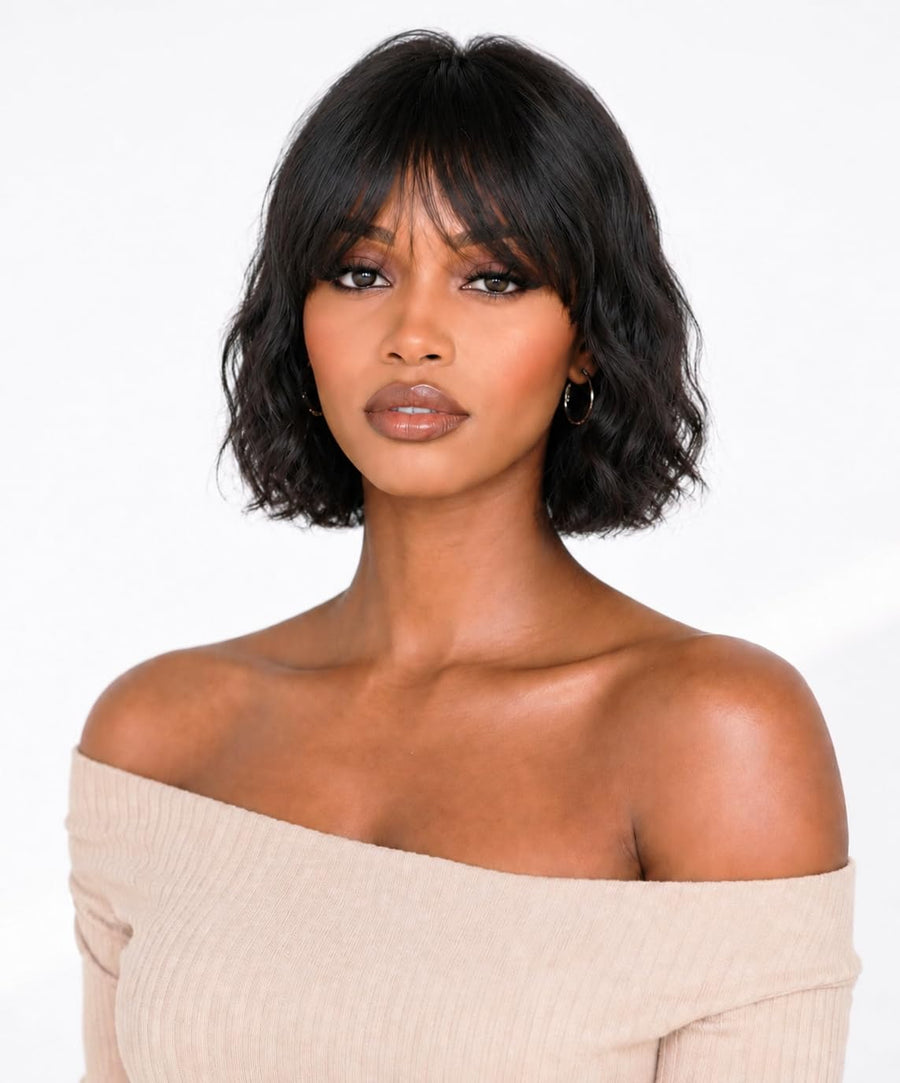 ManeMajesty 12 Inch Body Wave Bob With Bangs Human Hair Wig - FT-1272C-NB - B0DB6YPY1Z