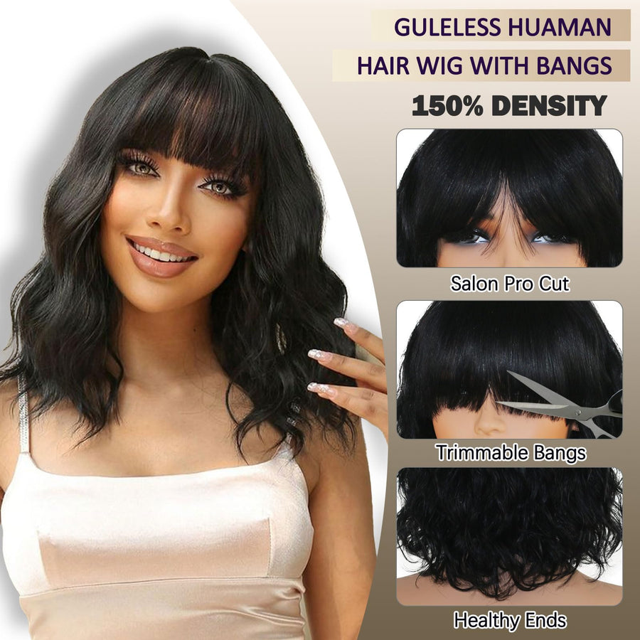 ManeMajesty 12 Inch Body Wave Bob With Bangs Human Hair Wig - FT-1272C-NB - B0DB6YPY1Z