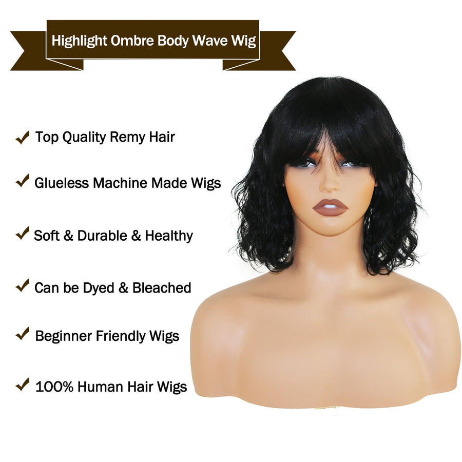 ManeMajesty 12 Inch Body Wave Bob With Bangs Human Hair Wig - FT-1272C-NB - B0DB6YPY1Z