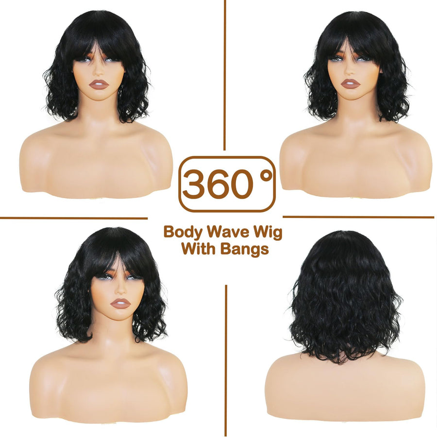 ManeMajesty 12 Inch Body Wave Bob With Bangs Human Hair Wig - FT-1272C-NB - B0DB6YPY1Z