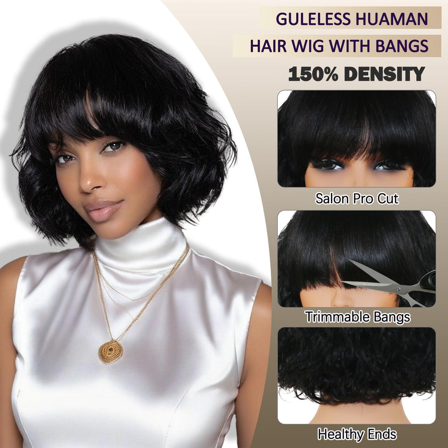 ManeMajesty 10 Inch Body Wave Bob With Bangs Human Hair Wig - FT-1339B-NA - B0DB7BB287