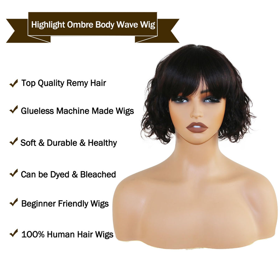 ManeMajesty 10 Inch Body Wave Bob With Bangs Human Hair Wig - FT-1339B-NA - B0DB7BB287