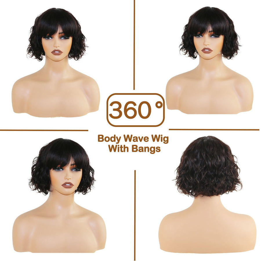 ManeMajesty 10 Inch Body Wave Bob With Bangs Human Hair Wig - FT-1339B-NA - B0DB7BB287
