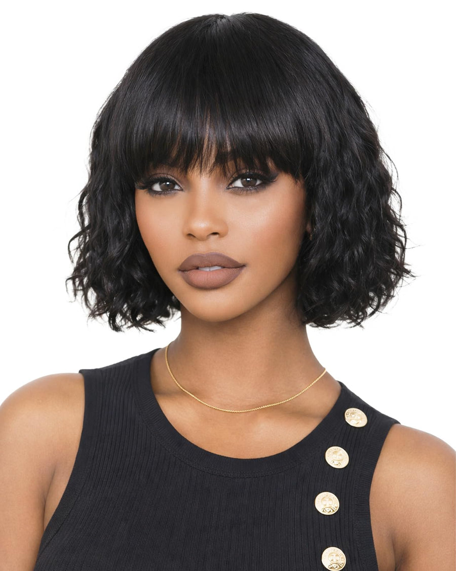 ManeMajesty 10 Inch Body Wave Bob With Bangs Human Hair Wig - FT-1339B-NB - B0DB7DP5DS
