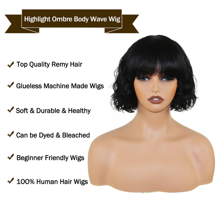 ManeMajesty 10 Inch Body Wave Bob With Bangs Human Hair Wig - FT-1339B-NB - B0DB7DP5DS