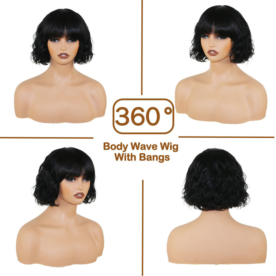 ManeMajesty 10 Inch Body Wave Bob With Bangs Human Hair Wig - FT-1339B-NB - B0DB7DP5DS