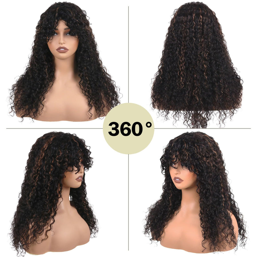 ManeMajesty 22 Inch Wet and Wavy Lace Front With Bangs Glueless Human Hair Wig - FT-2292 FS1B/30 - B0DBKV3R1V