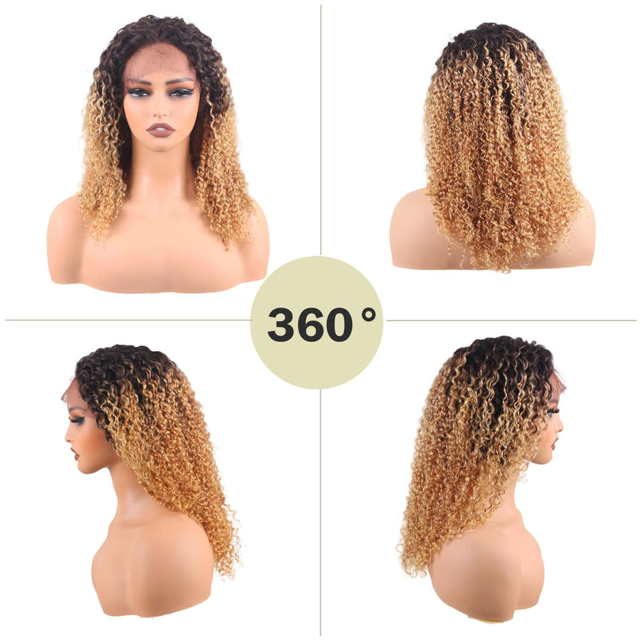 ManeMajesty 18 Inch Kinky Curly Lace Front Human Hair Wig - FT-2087 TT1B/27 - B0DBKWSWHK
