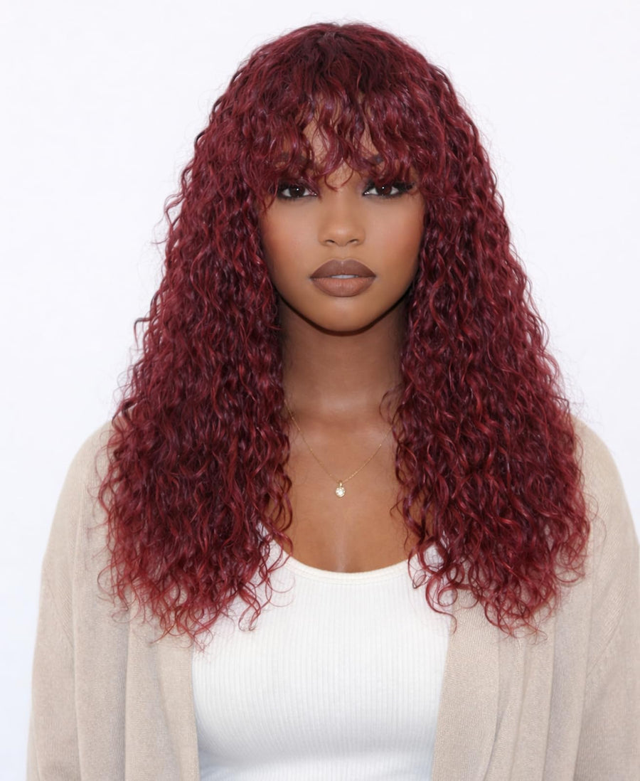 ManeMajesty 22 Inch Wet and Wavy Lace Front With Bangs Glueless Human Hair Wig - FT-2292 99J - B0DBKYPJ1M