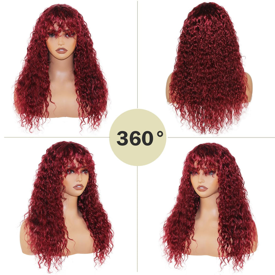 ManeMajesty 22 Inch Wet and Wavy Lace Front With Bangs Glueless Human Hair Wig - FT-2292 99J - B0DBKYPJ1M