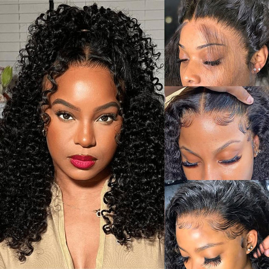 ManeMajesty 18 Inch Kinky Curly Lace Front Human Hair Wig - FT-2087 #1B - B0DBKZ1YJY