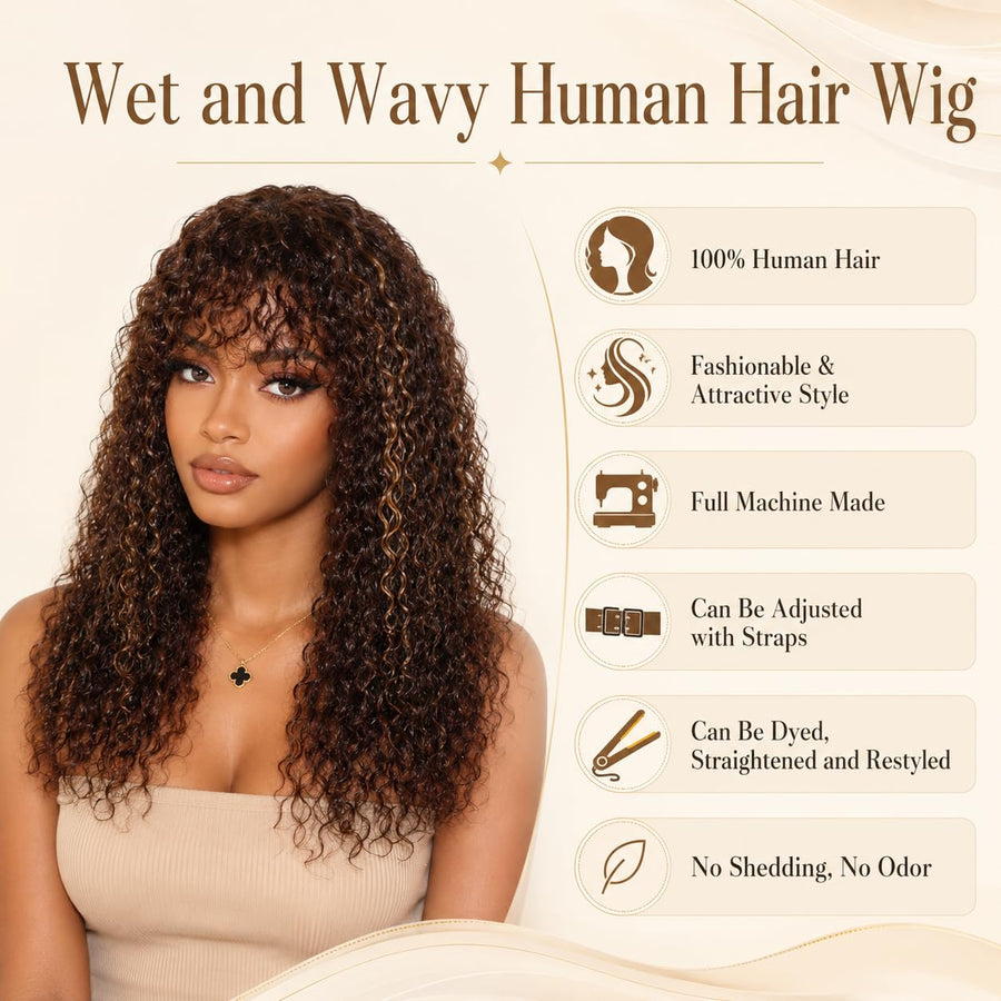ManeMajesty 22 Inch Wet and Wavy Lace Front With Bangs Glueless Human Hair Wig - FT-2292 FS4/27 - B0DCJPW4H6