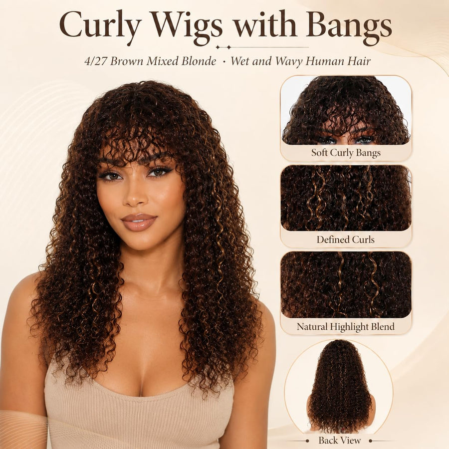 ManeMajesty 22 Inch Wet and Wavy Lace Front With Bangs Glueless Human Hair Wig - FT-2292 FS4/27 - B0DCJPW4H6