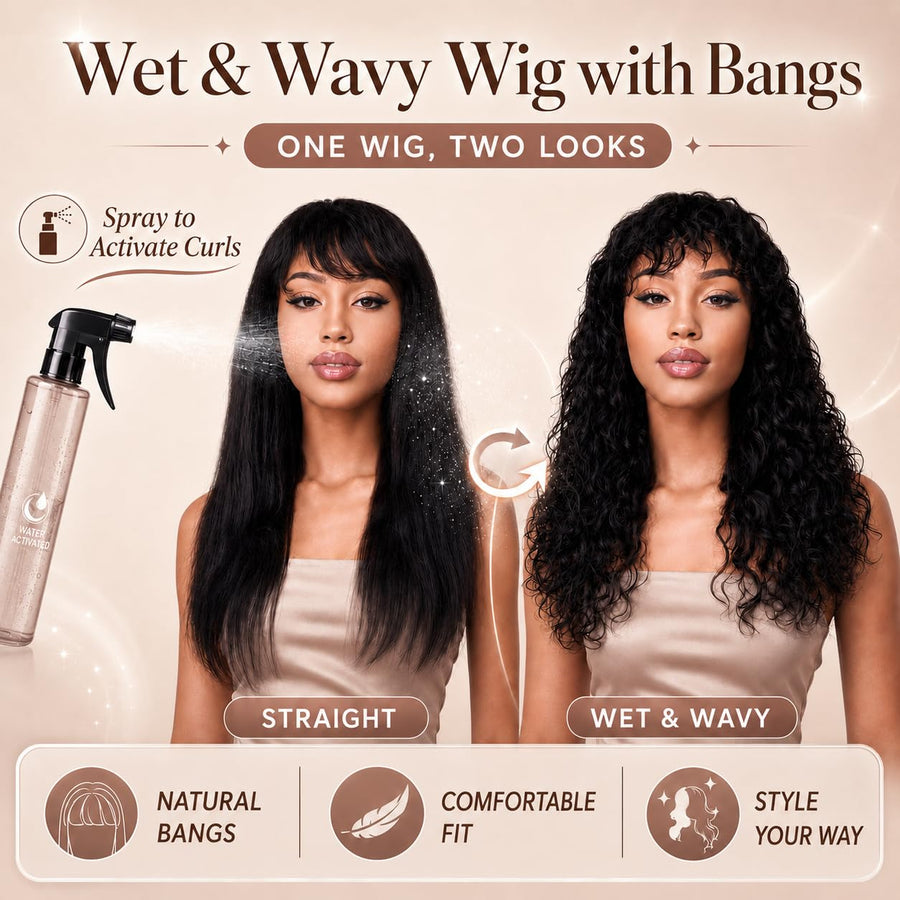 ManeMajesty 22 Inch Wet and Wavy Lace Front With Bangs Glueless Human Hair Wig - FT-2292 FS4/27 - B0DCJPW4H6