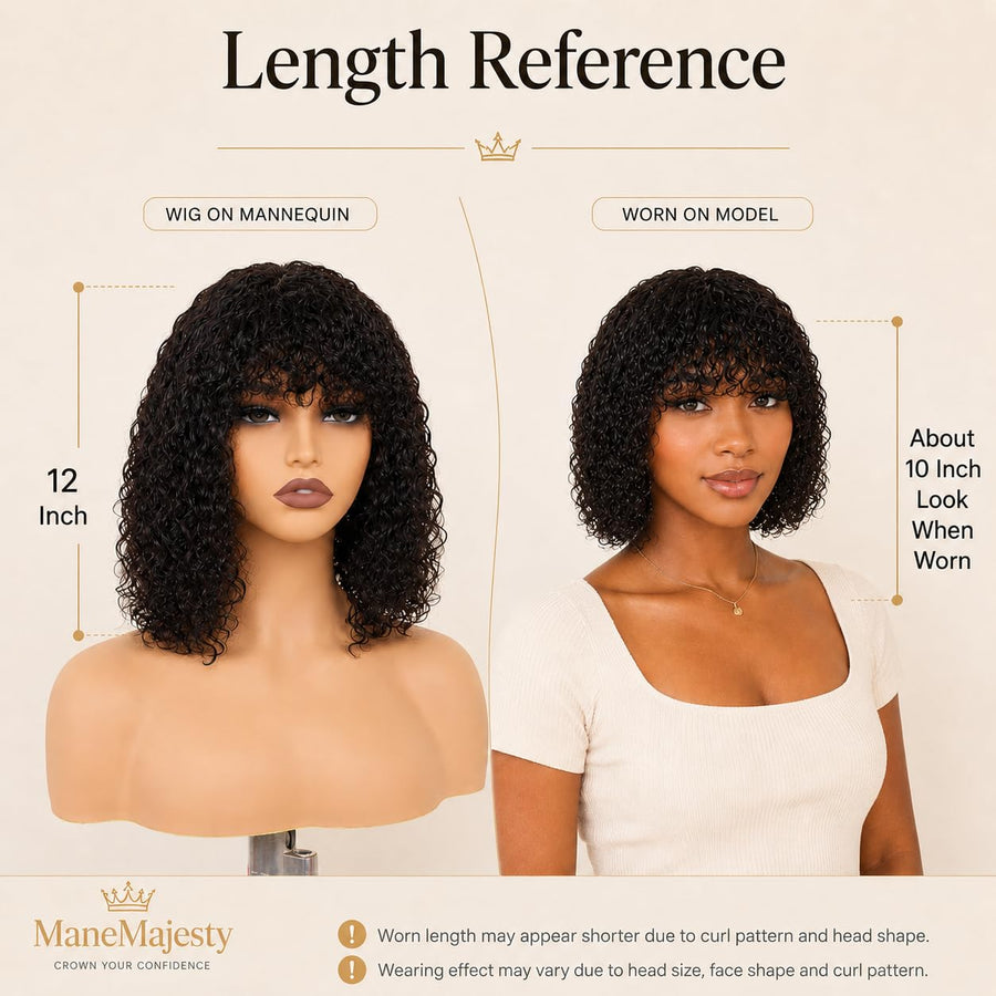 ManeMajesty Kinky Curly Lace Front Bob With Bangs Glueless Wear and Go Human Hair Wig - FT-2608S - B0DJ6N4586