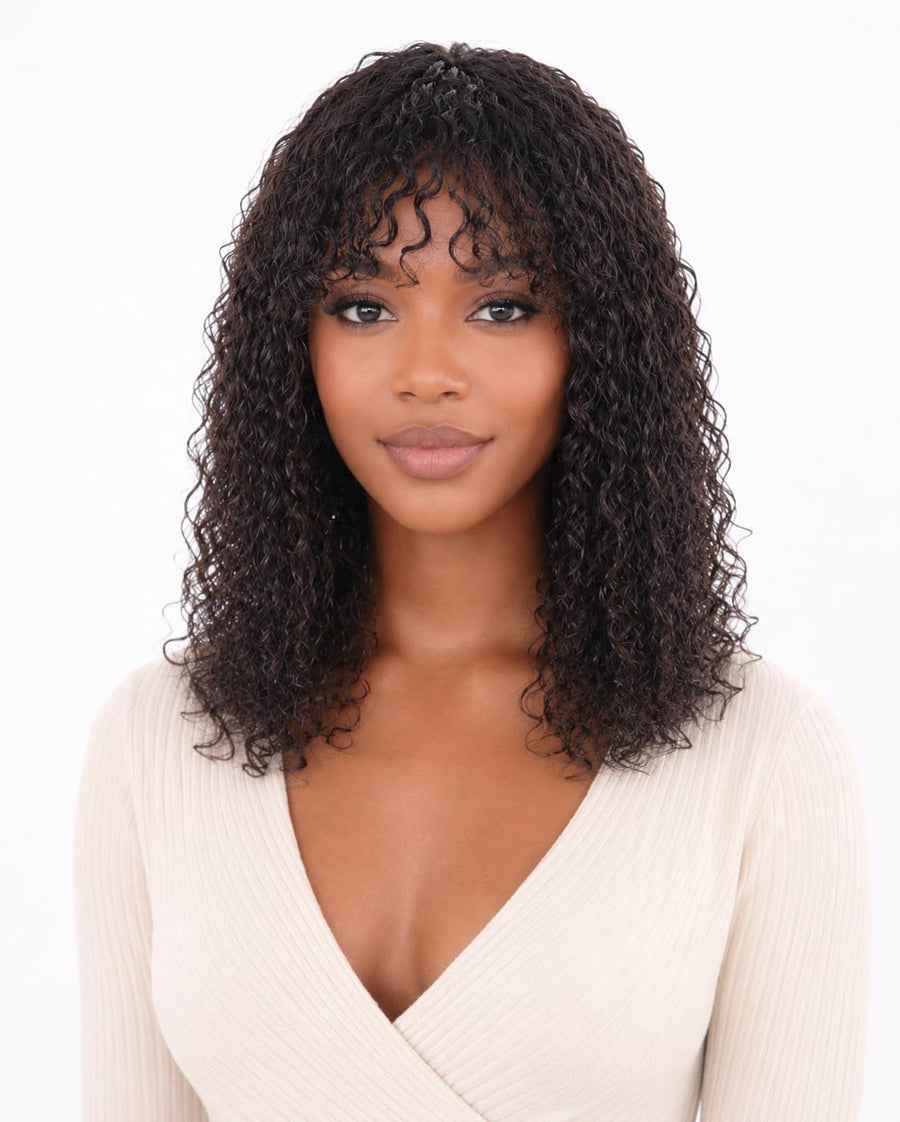 ManeMajesty Kinky Curly Lace Front Bob With Bangs Glueless Wear and Go Human Hair Wig - FT-2608A - B0DJ6PBDG2