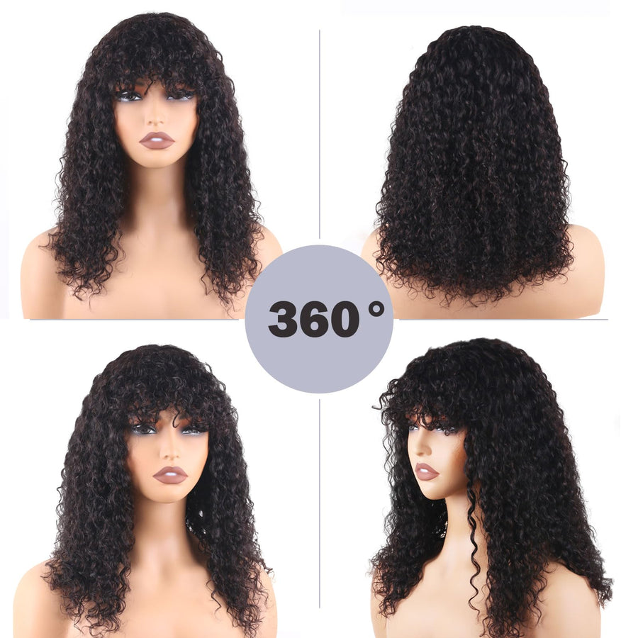 ManeMajesty Kinky Curly Lace Front Bob With Bangs Glueless Wear and Go Human Hair Wig - FT-2608A - B0DJ6PBDG2