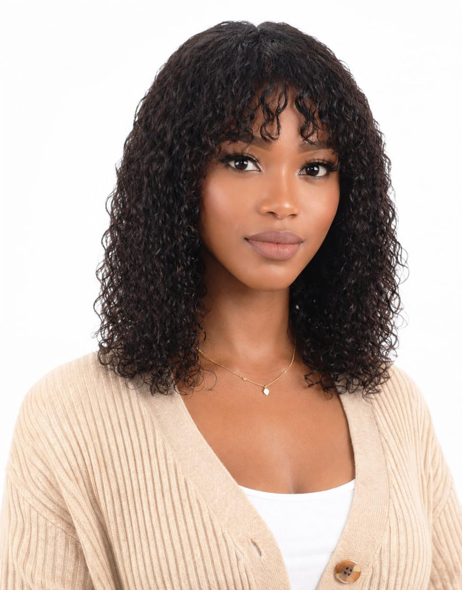 ManeMajesty Kinky Curly Lace Front Bob With Bangs Glueless Wear and Go Human Hair Wig - FT-2608 - B0DJ6PL9W2